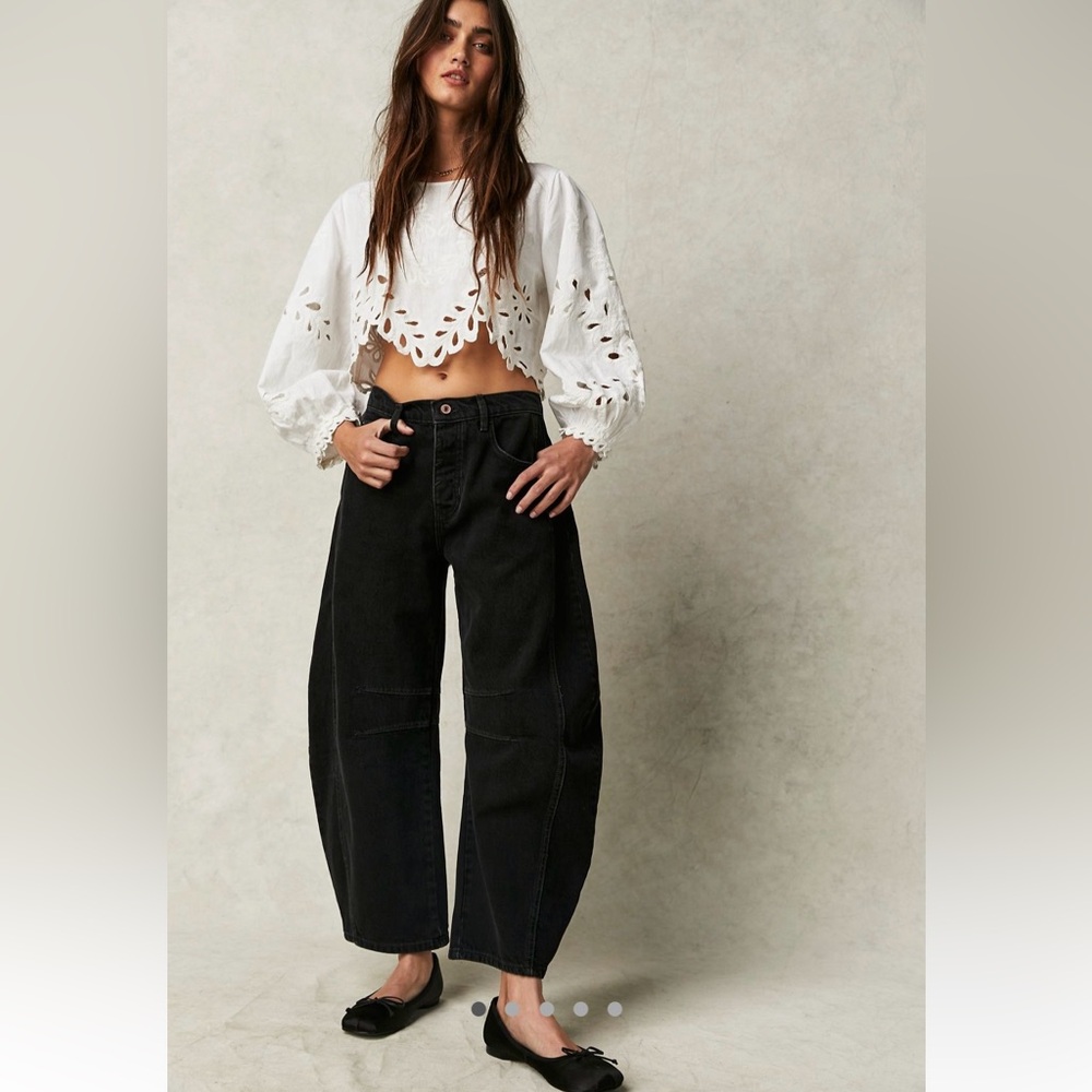 Free People Good Luck Mid Rise Barrel Jeans in Soundwave
